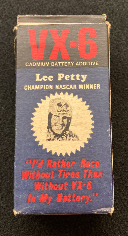 VX-6 box with image of Lee Petty and the words "I'd rather race without tires than without VX-6 in my battery."