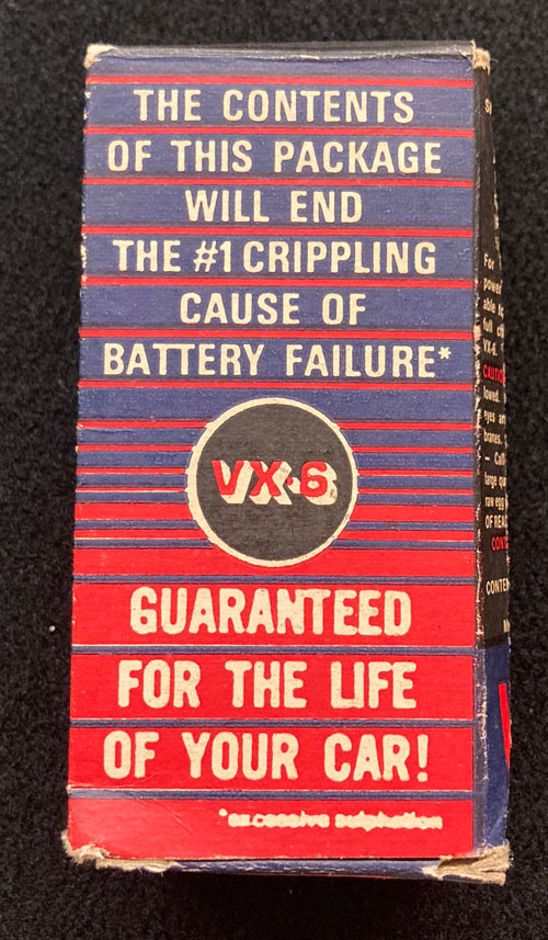 Verso of VX-6 box with words "The contents of this package will end the number 1 crippling cause of battery failure."