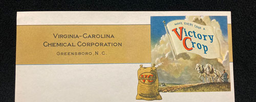 Close up of letterhead of Virginia-Carolina Chemical Corporation. It includes an image of a bag of fertilizer and a flag that reads "Make every crop a Victory crop." 