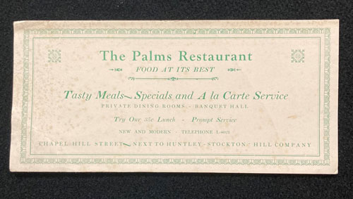Blotter with words "The Palms Restaurant, Food at its best," and urging customers to "try our 35 cent lunch."