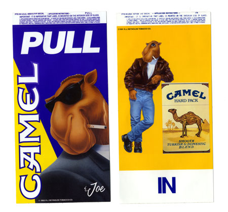 Two stickers featuring Joe Camel, a camel smoking a cigarette.