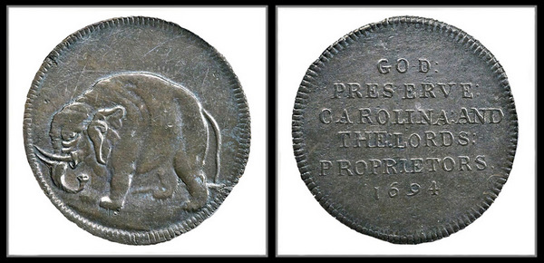 Genuine Carolina Elephant Token, obverse (left) and reverse (right).