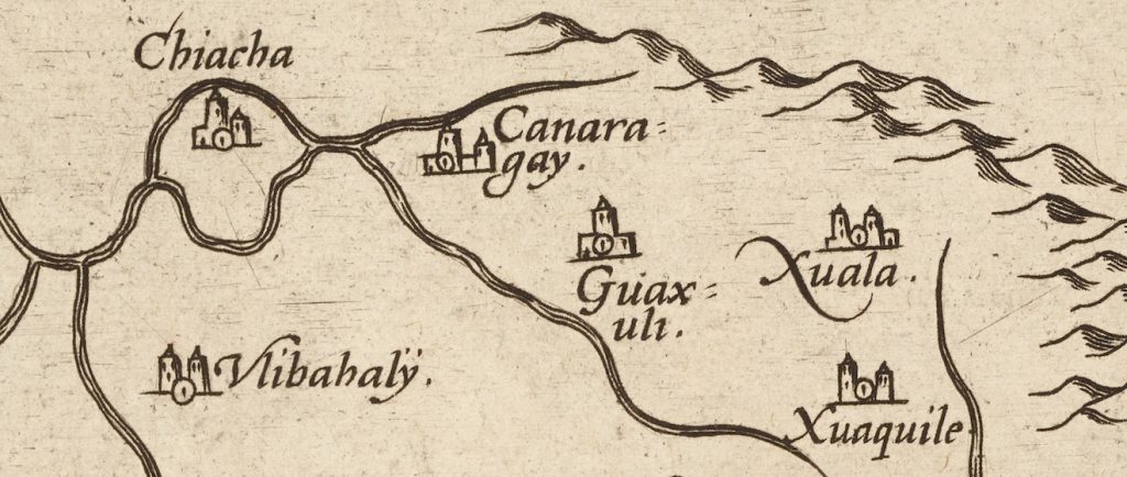 Detail of map of La Florida showing Xuala or Joara near present-day Morganton, North Carolina, based on the work of Spanish royal cartographer Gerónimo Chiaves from Abraham Ortelius, Theatrum Orbis Terrarum (Antwerp, 1592) | G1006 T5 1592 