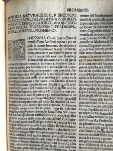 An incunabular print of Pliny's Natural History translated into the Florentine dialect. The initial "D" is decorated with florals.