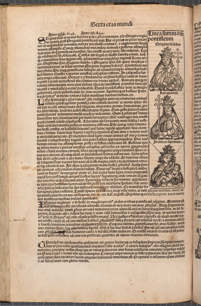 A page from the Nuremberg Chronicle where a reader has put an x-mark through the passage and woodcut illustration of Pope Joan.