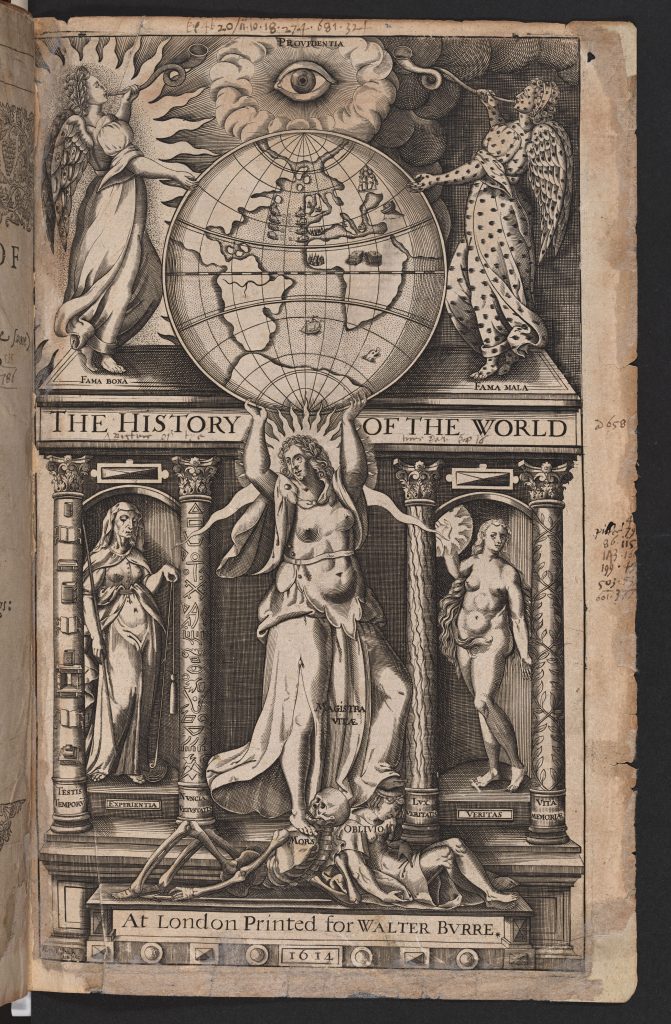 Engraved half-title page for The History of the World. At London printed for Walter Burre. 1614.
