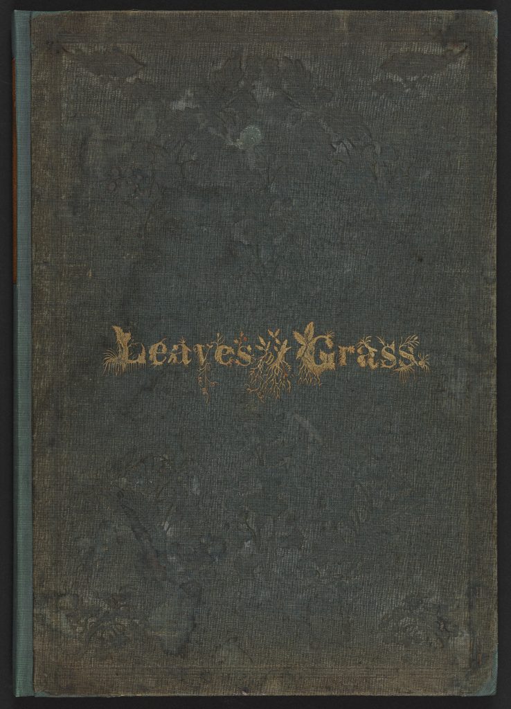 Cover of the first edition of Leaves of Grass. The title is guilt and the letters are stylized to look like plants.