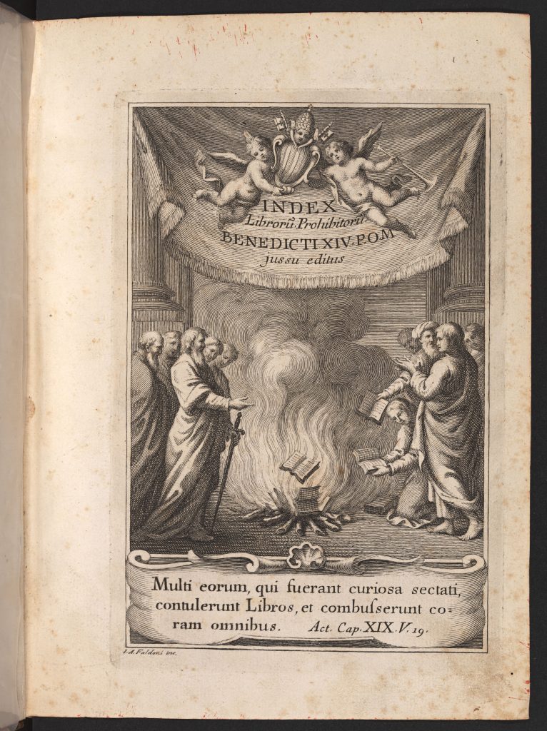 An engraved frontisepiece for the 1758 edition of the Index librorum prohibitorum with several people throwing books into a fire