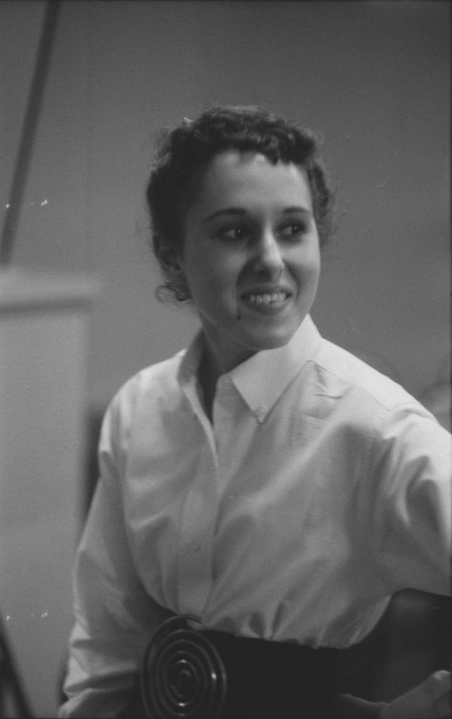 20239_pf0085_01_0021, Liz White in WNCN studios for the George Lorrie radio show, 25 May 1959. Photo by Aaron Rennert for Photo-Sound Associates. Ron Cohen Collection (20239), Southern Folklife Collection