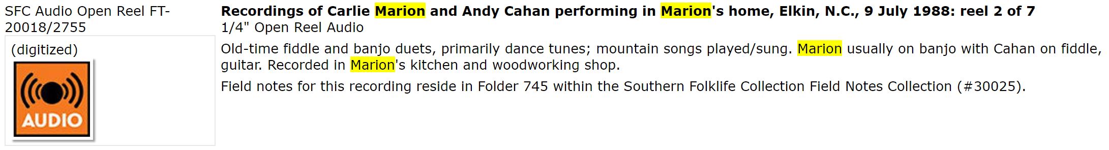 ft20018_2755_scrnsht_Recordings of Carlie Marion and Andy Cahan performing in Marion's home, Elkin, N.C., 9 July 1988: reel 2 of 7 1/4" Open Reel Audio