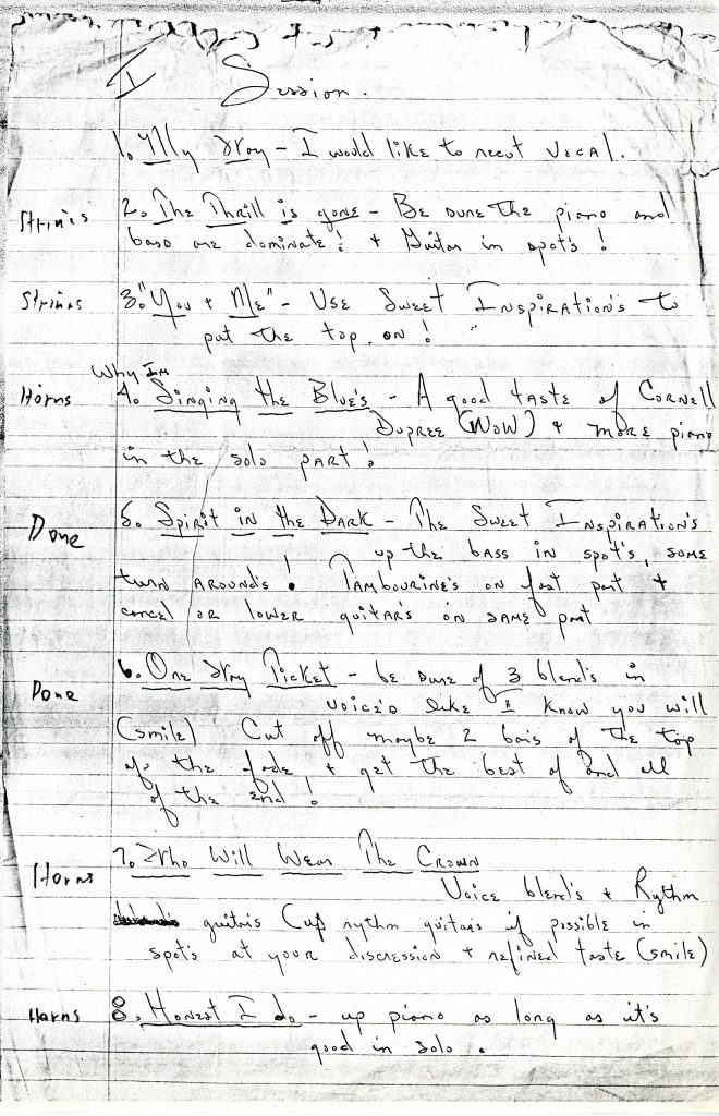 Photocopy of handwritten session notes from "Spirit in the Dark" by Aretha Franklin, Folder 8, Jerry Wexler Collection (20393), Southern Folklfie Collection, UNC Chapel Hill
