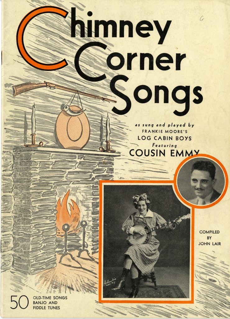 Song folio cover, drawing of fireplace and photos of Cousin Emmy and Frankie Moore