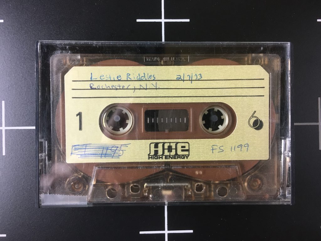 Cassette tape with handwritten label, Leslie Riddle, Rochester NY,