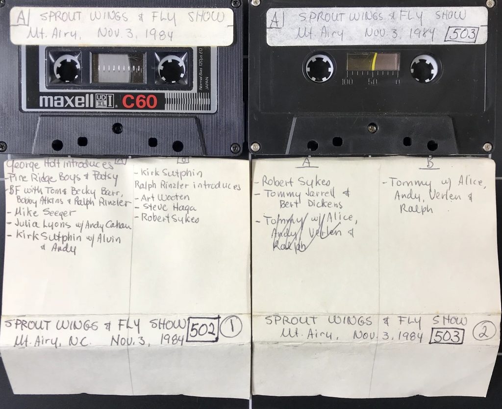 two audio cassettes with their handmade Jcards with notes on the recording contents, Sprout Wings and Fly Show, Mt. Airy, NC Nov. 3, 1984, tapes numbered 502 and 503