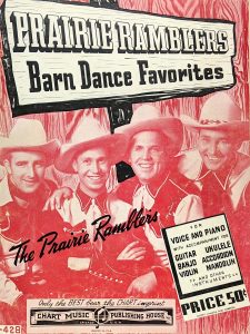 Cover of Prairie Ramblers songbook. Image of group in red.