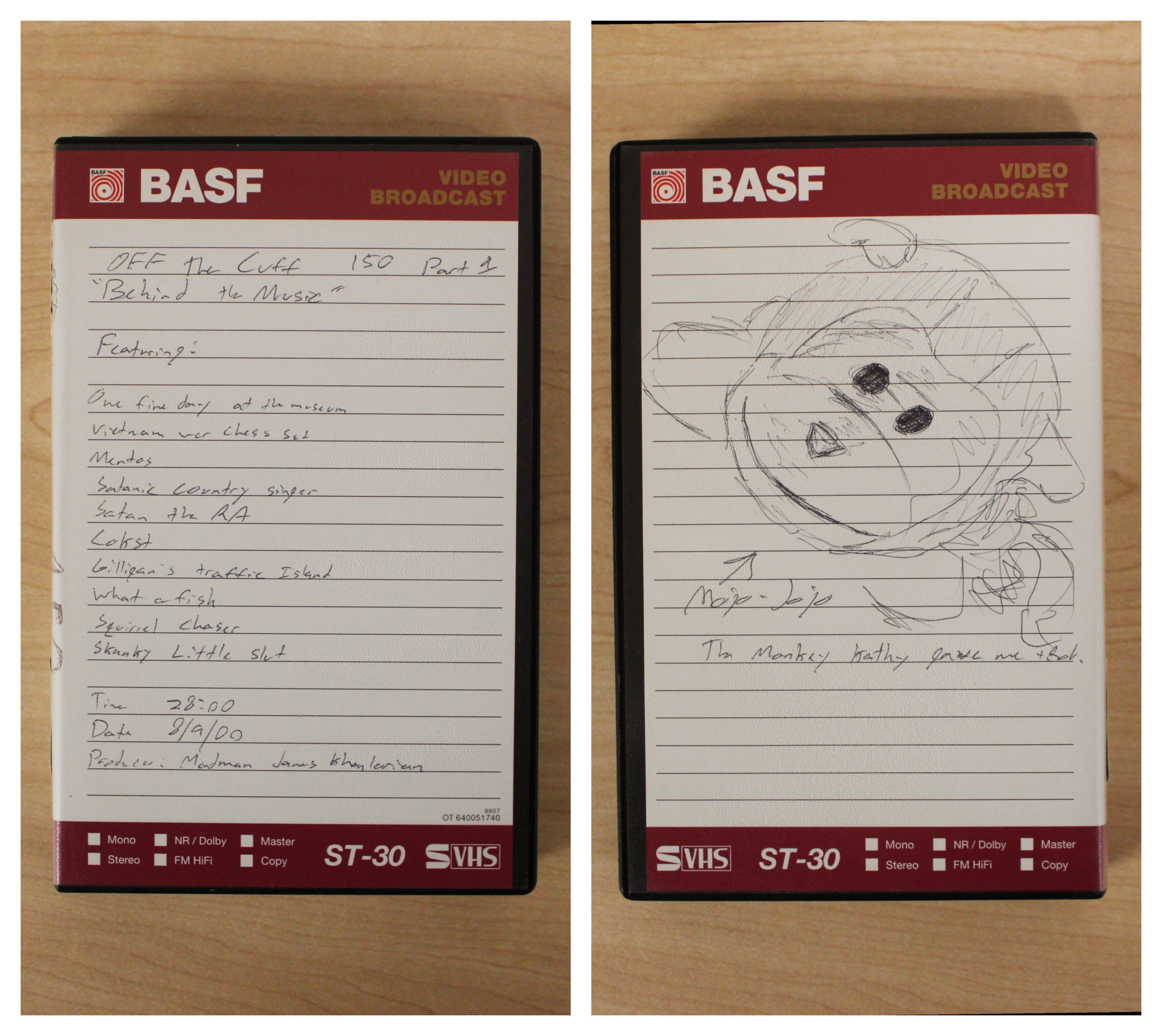 Photo collage of VHS case for "Off the Cuff #150: Behind the Music Part 1" Label has a drawing of a monkey on it. 