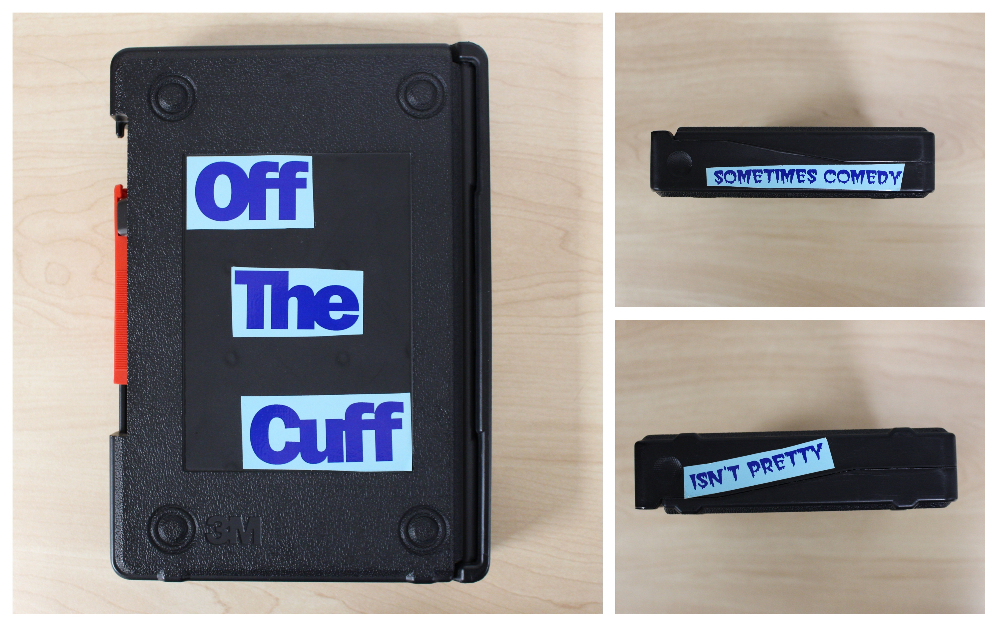 Photo collage of U-matic case with sticker that reads "Off the Cuff" on the front, "sometimes comedy" on one edge, and "isn't pretty" on the other edge
