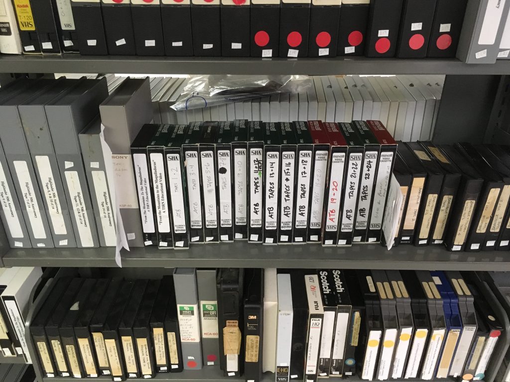 three rows of videotapes from the Highlander Research and Education Center Collection