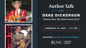 Promotional graphic for book talk with picture of author Deke Dickerson above a picture of performer Merle Travis