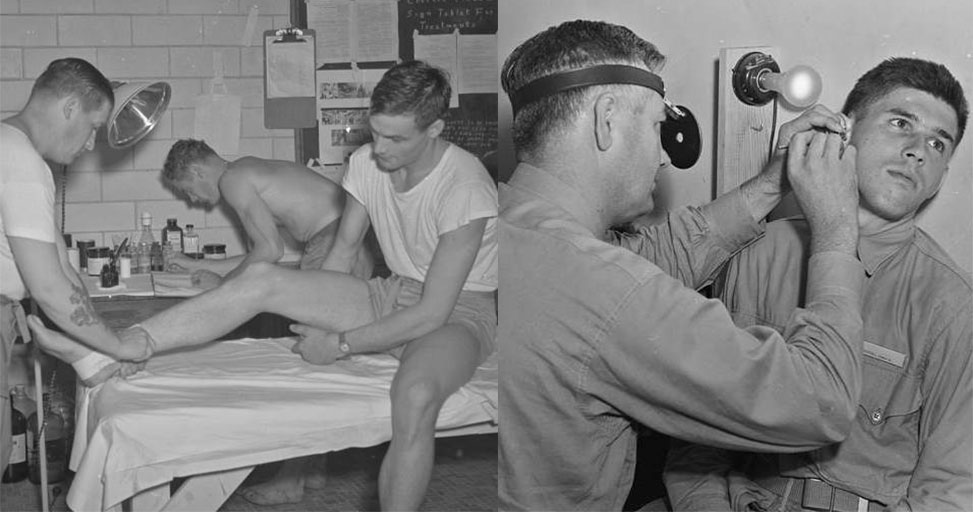 Medical Department: Dr. Wright, 20 September 1942 (Left), and Physical tests, circa 1942.  From the United States Navy Pre-Flight School (University of North Carolina) Photographic Collection #P0027, North Carolina Collection Photographic Archives.