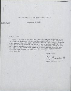 J. Kenneth Lee's acceptance letter to the UNC-CH Law School.