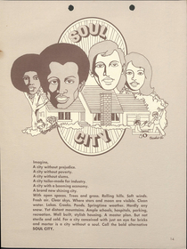 Page of the Groundbreaking Ceremony Brochure from Soul City, NC, with a drawing of a cabin with faces of four people above it. Below is a imaginative description of the town and what it's goals are.