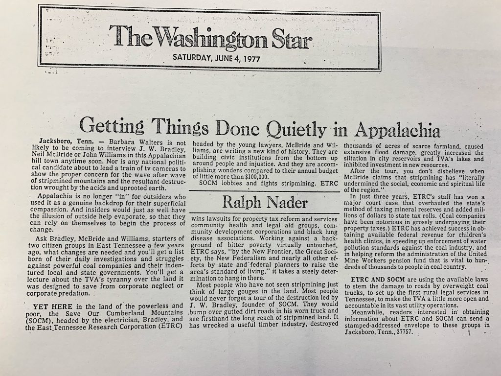 newspaper article from the Saturday, June 4, 1977 edition of The Washington Star entitled “Getting Things Done Quietly In Appalachia