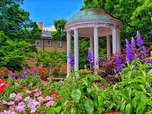 the Old Well at UNC-Chapel Hill surrounded by Spring flowers