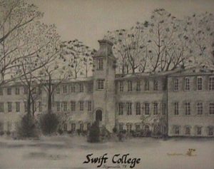 Black and white postcard featuring a three-story building with many windows and a central tower, labeled "Swift College"