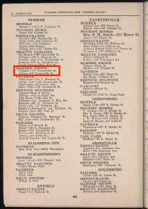 A page from the Green Book listing the names of places and businesses, with a red box highlighting the listing for DeLuxe Barbershop