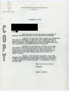 Dean Boulton's response to a complaint about the Carolina Gay Association. Letter in Folder 305, Box 6, Records of the Student Union of the University of North Carolina at Chapel Hill Records #40128, University Archives, Louis Round Wilson Special Collections Library.