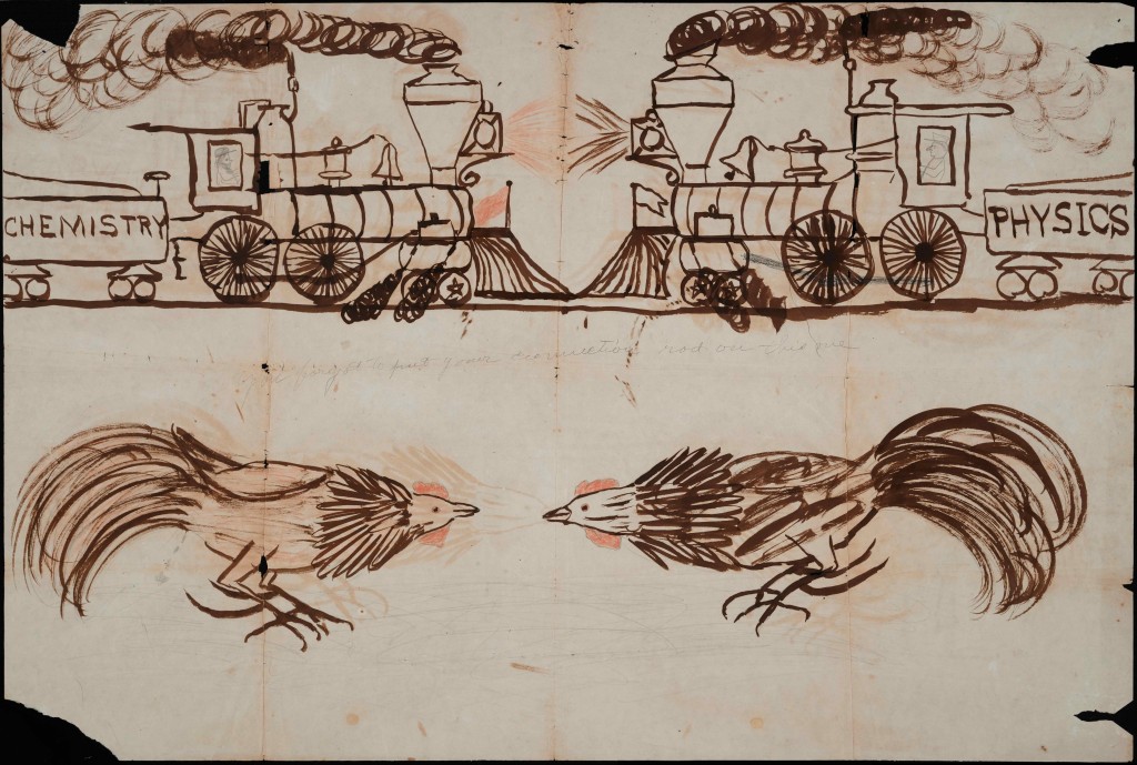 An ink drawing of two trains about to collide on the same track, one labelled "Chemistry" and one labelled "Physics"above a drawing of two roosters about to fight.