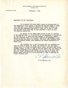 Memo explaining CAA quotas, from the Office of President of the University of North Carolina (System): Frank Porter Graham Records, 1932-1949 , #40007, University Archives