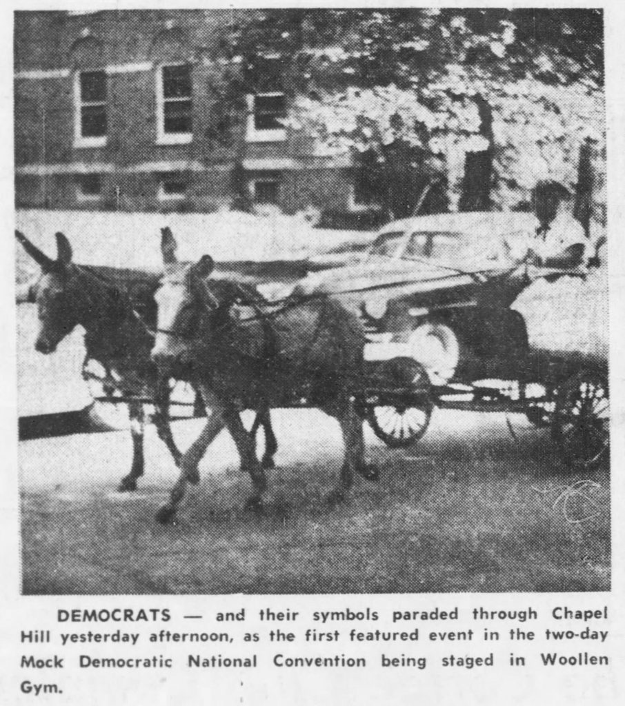 A pair of donkeys lead the parade for the UNC Mock Democratic National Convention. The Daily Tar Heel, April 30, 1960.