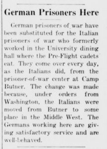 "German Prisoners Here" headline on Chapel Hill Weekly article describing the arrival of German POWs on campus, 30 June 1944.