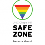 A downward-pointing triangle with a rainbow pattern on it within a green circle above the text "UNC-Chapel Hill Safe Zone Resource Manual 2014-2015"