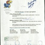 Invitation with Kansas University Mascot, a red bird with the the letters K an U on its blue chest in the top right.