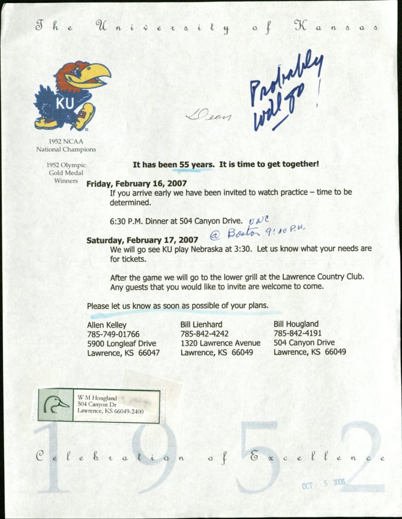Invitation with Kansas University Mascot, a red bird with the the letters K an U on its blue chest in the top right.