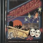 NCAA 82 written in Neon script across the top with fireworks, a sunset and trumpet on the cover of the 1982 NCAA Final Four program.