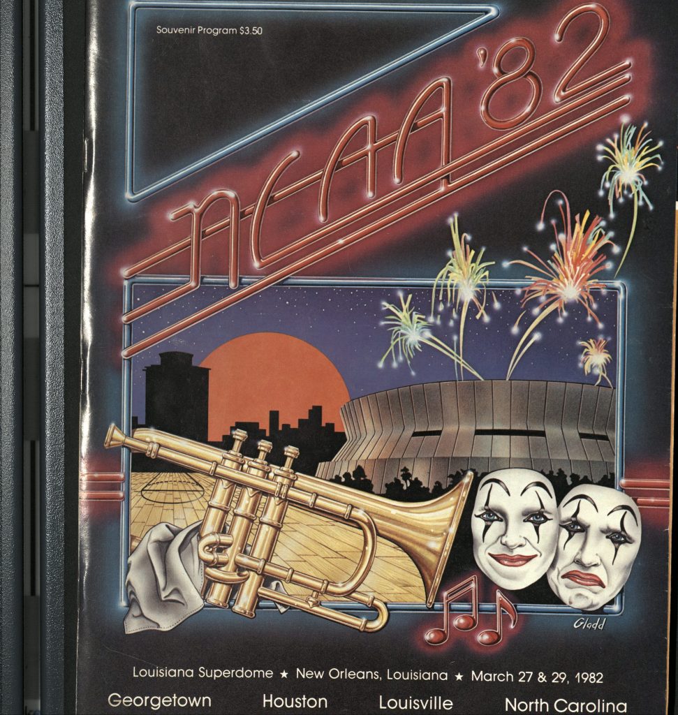 NCAA 82 written in Neon script across the top with fireworks, a sunset and trumpet on the cover of the 1982 NCAA Final Four program.