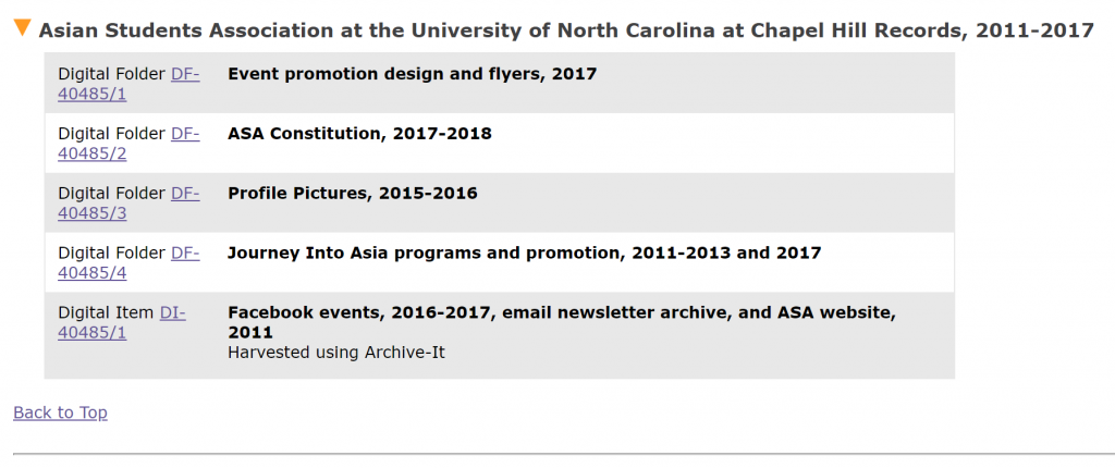 Screenshot of part of finding aid showing a group of URLs archived for the Asian Student Association collection.