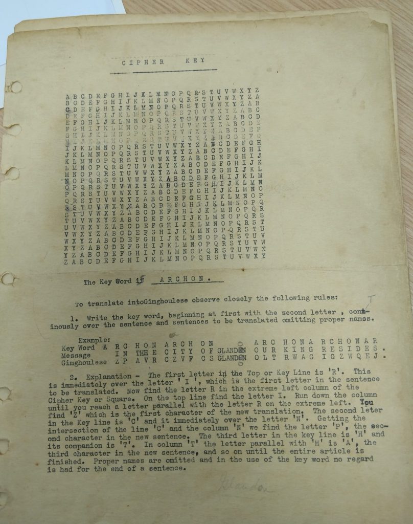 A yellowed page featuring a square of letters and instructions for deciphering a code.