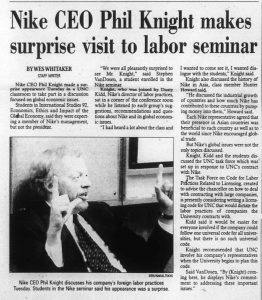 Daily Tar Heel clipping with headline, "Nike CEO Phil Knight makes surprise visit to labor seminar." 