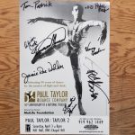 Autographed black and white flyer with one man standing in a dancers poise, surrounded by autographs.