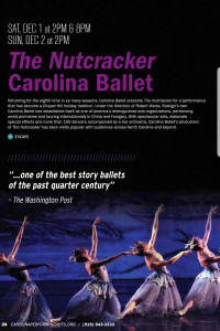 Cover of the Carolina Performing Arts 2012/2013 season brochure with four poised ballerinas from the Nutcracker Carolina Ballet.