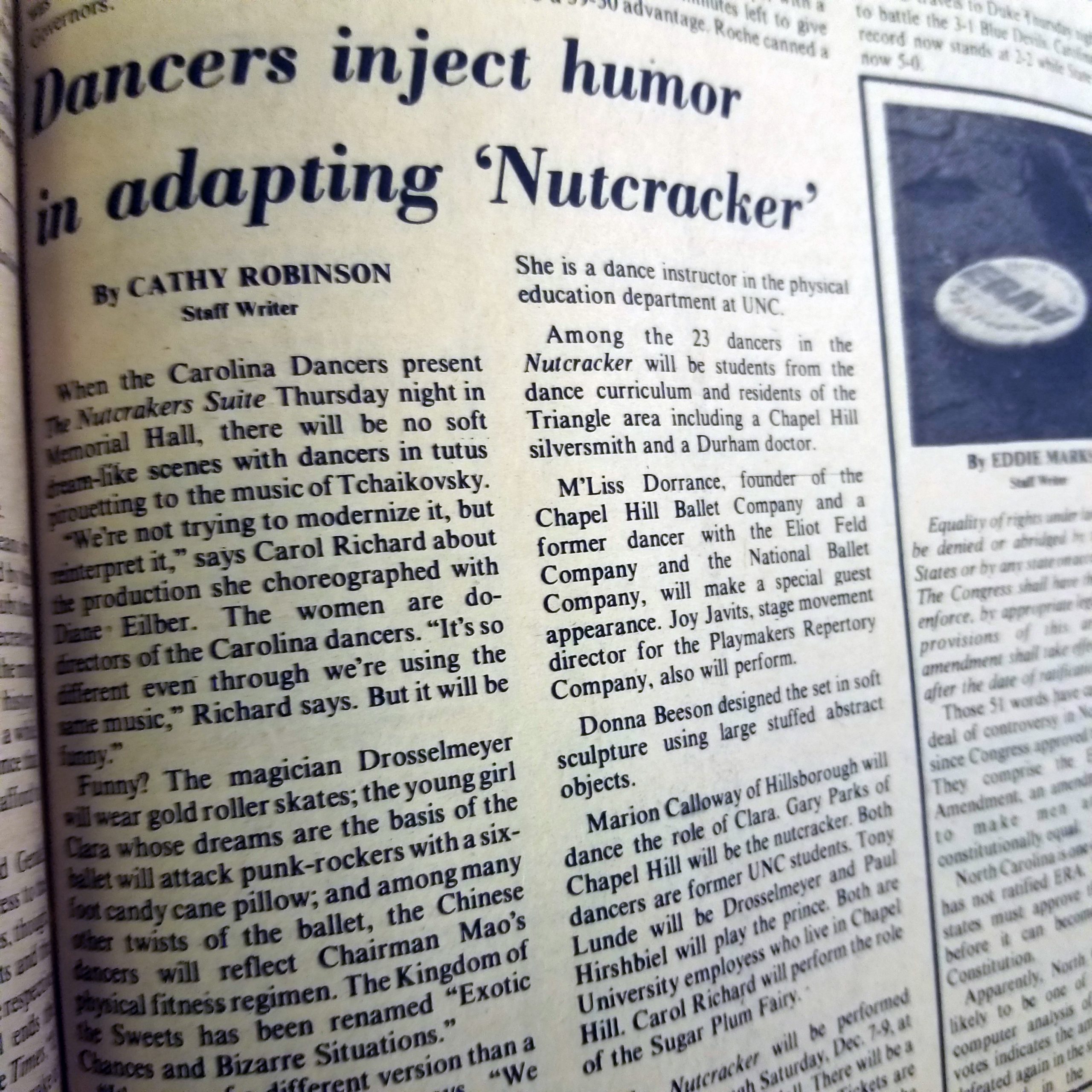 Headline from Daily Tar Heel, "Dancers inject humor in adapting Nutcracker"