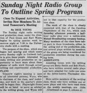 Daily Tar Heel article describing the Sunday night Radio Writing and Production course.
