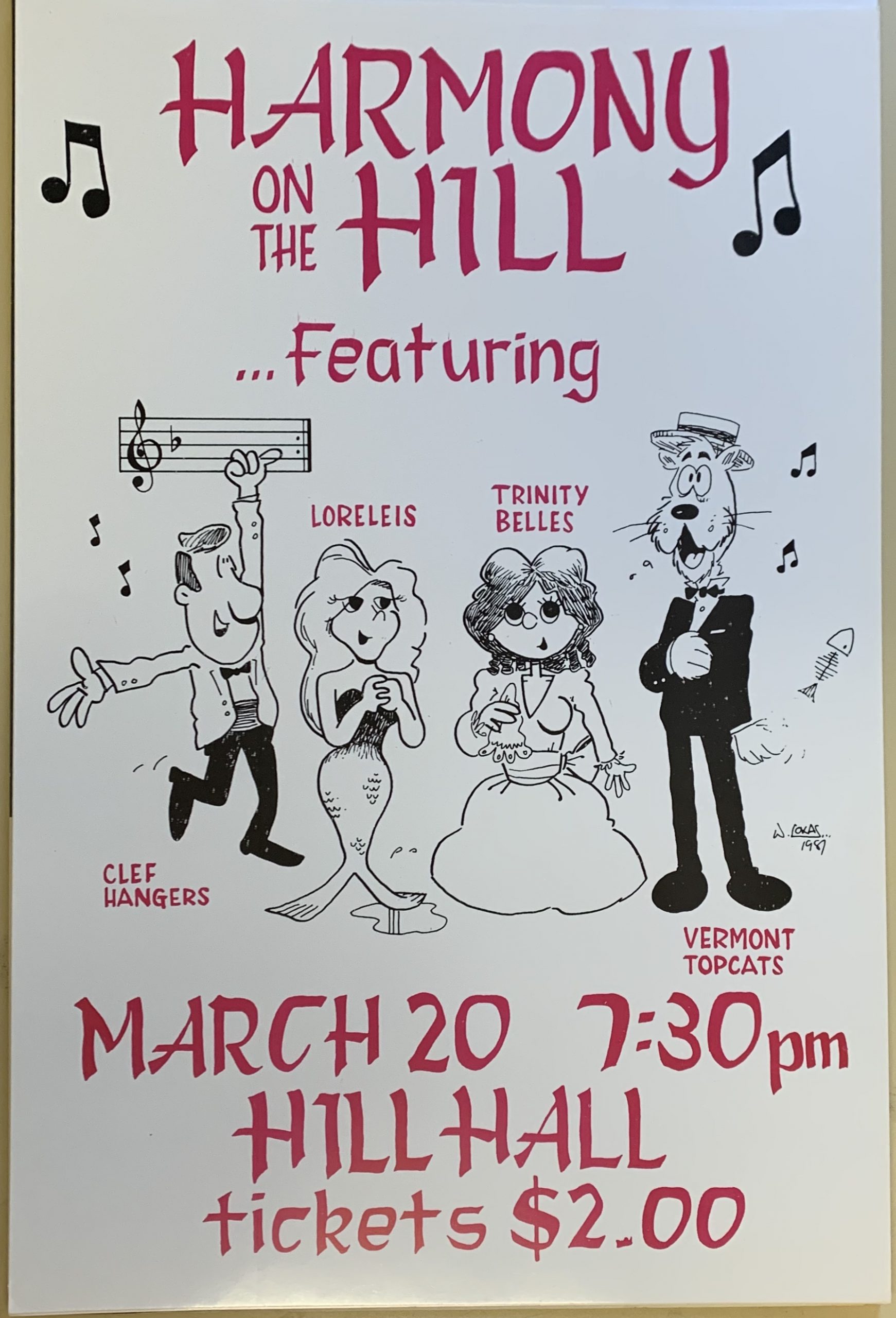 Harmony on the Hill featuring the Cliff Hangers, Loreleis, Trinity Bells, and Vermont Topcats flyer with drawn man, mermaid, woman and cat by each group's name.