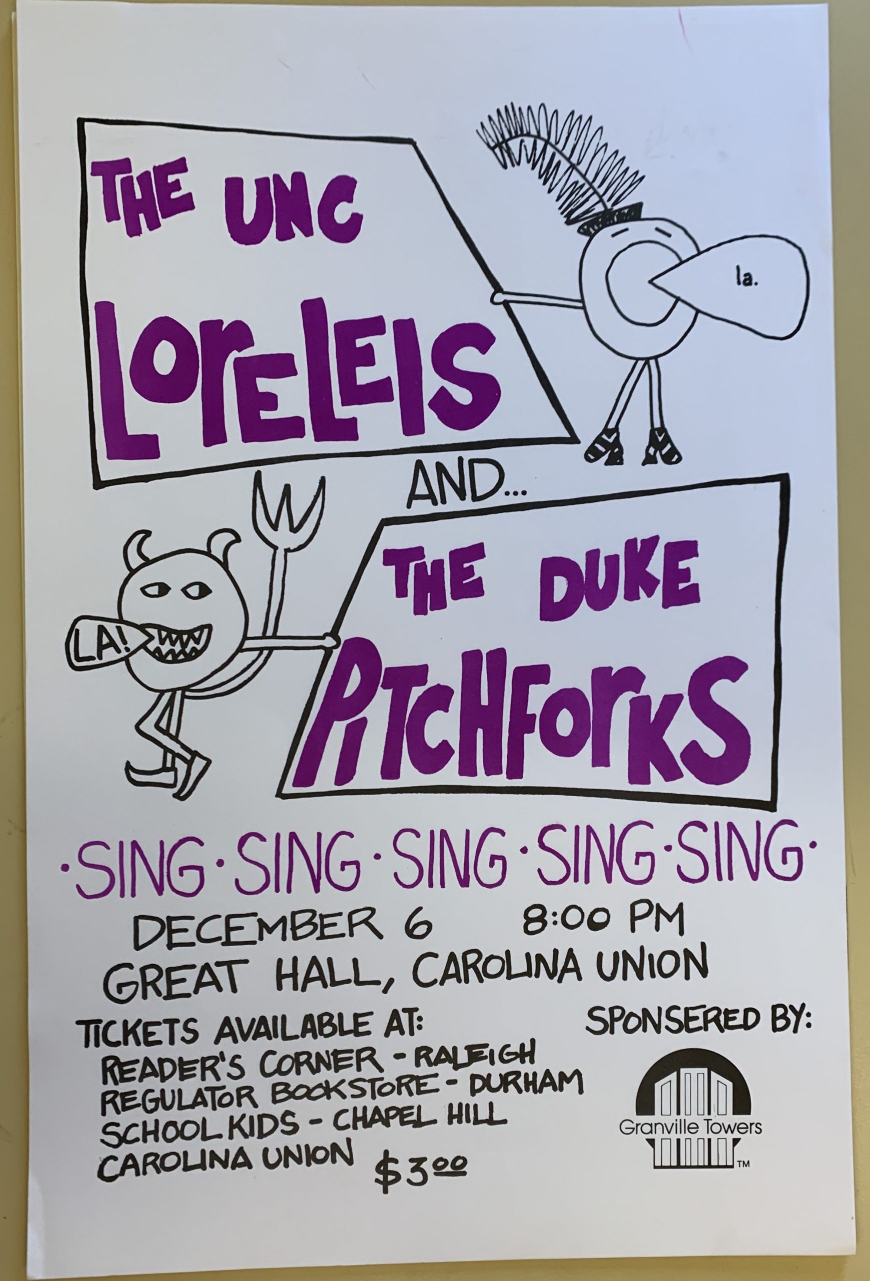 The UNC Loreleis and the Duke Pitchforks purple and black hand-drawn flyer.