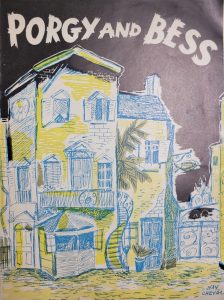 Blue and green sketch of a multilevel home with the words Porgy and Bess above the roof.
